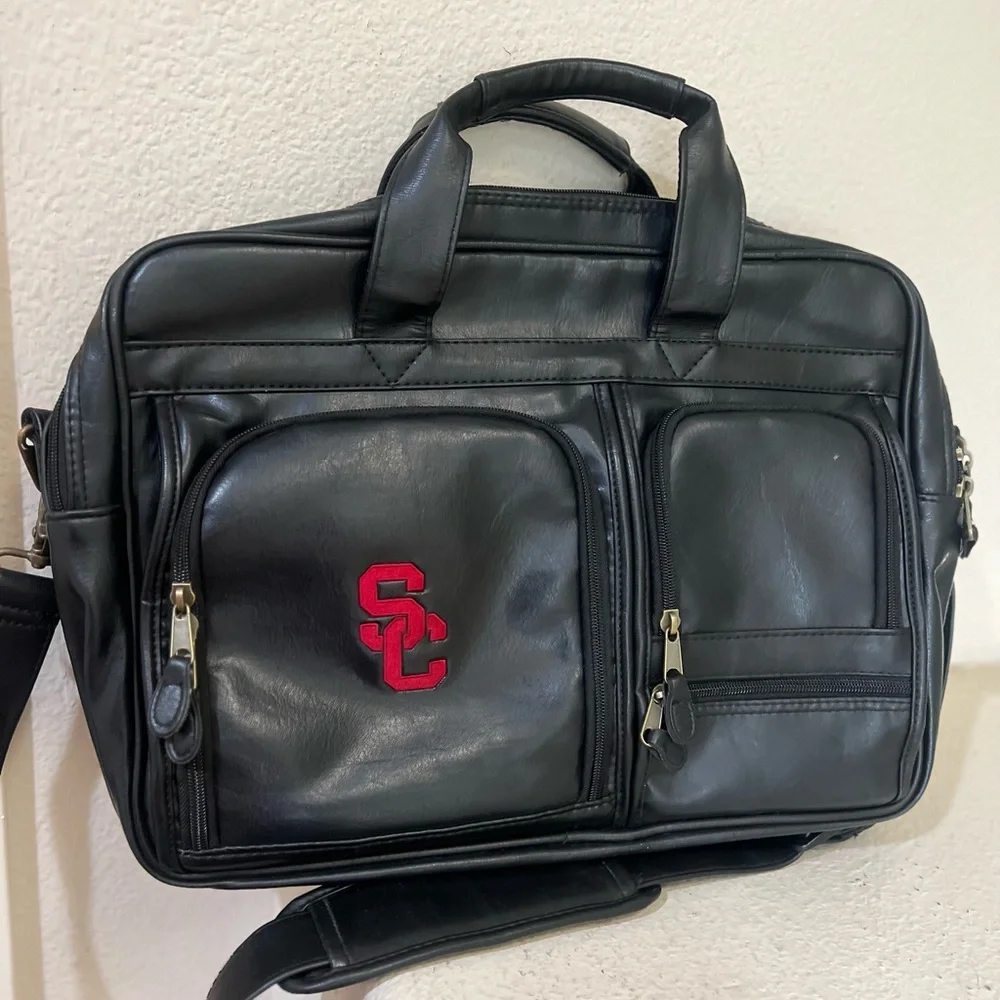 USC Logo Black Leather Briefcase Pocket Multi Compartments Portfolio Work Bag